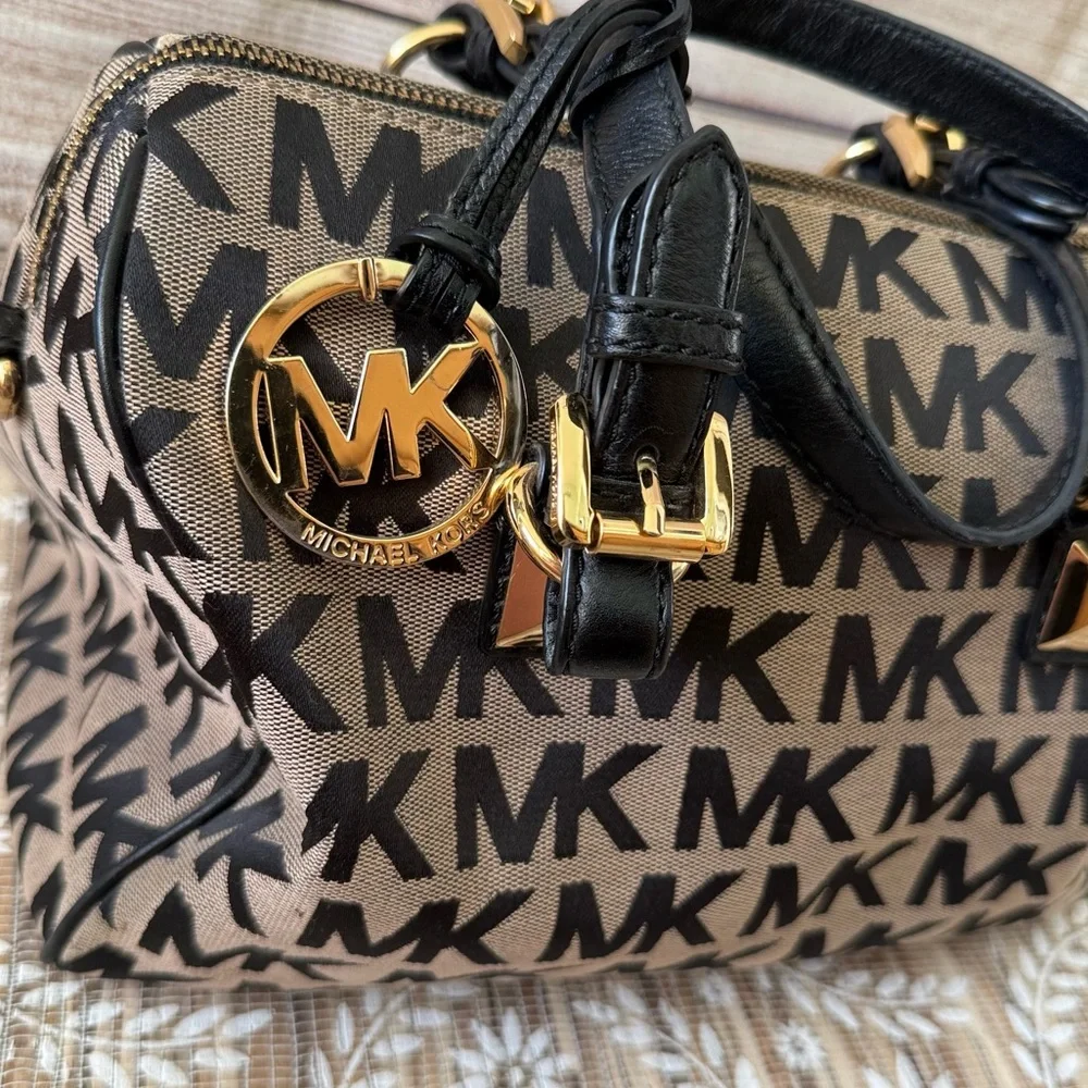 Michael Kors Black and Brown Satchel with Signature Monogram - Picture 2 of 5